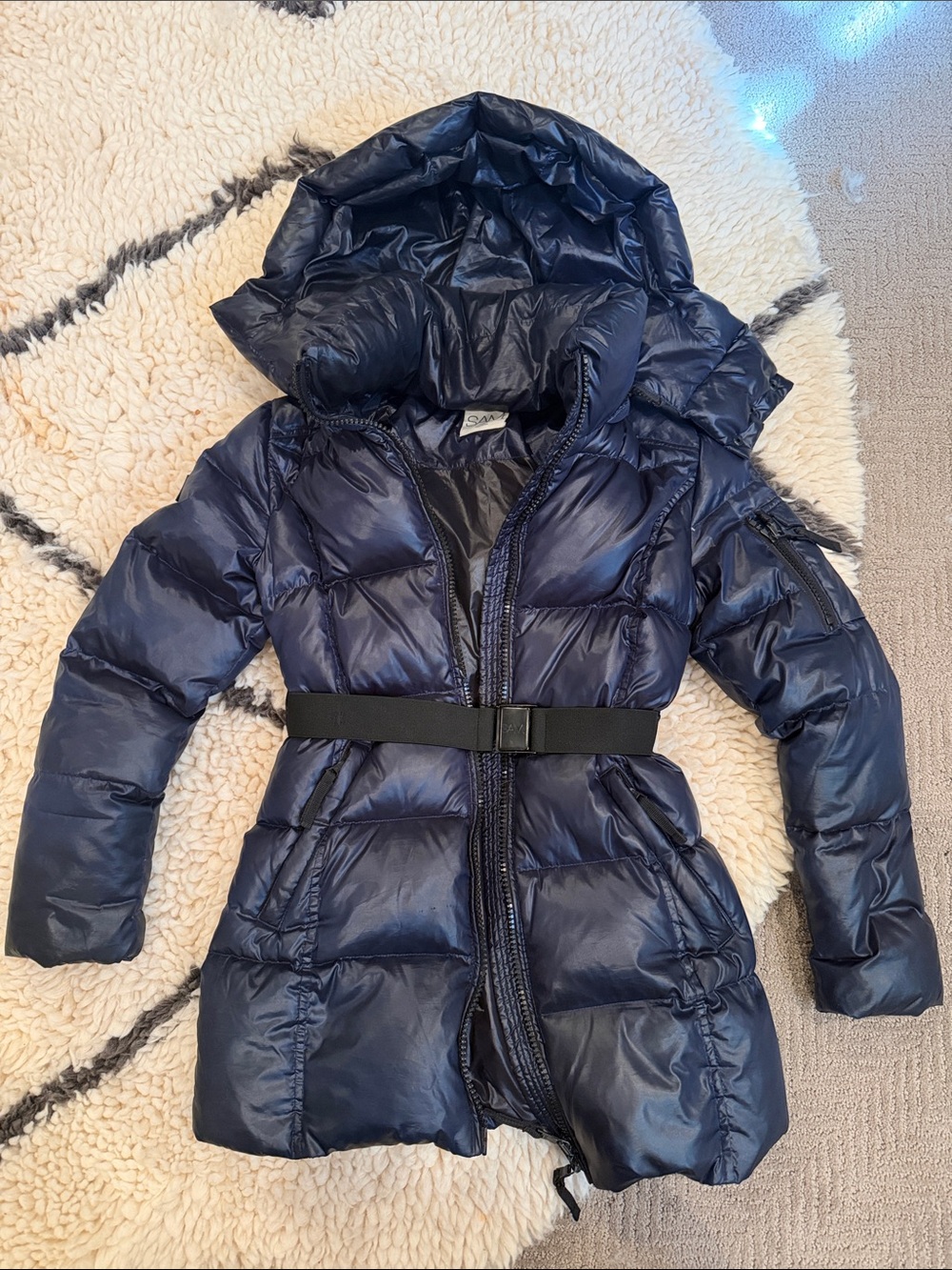 SAM. Kids Navy Puffer Jacket with Hood and Belt